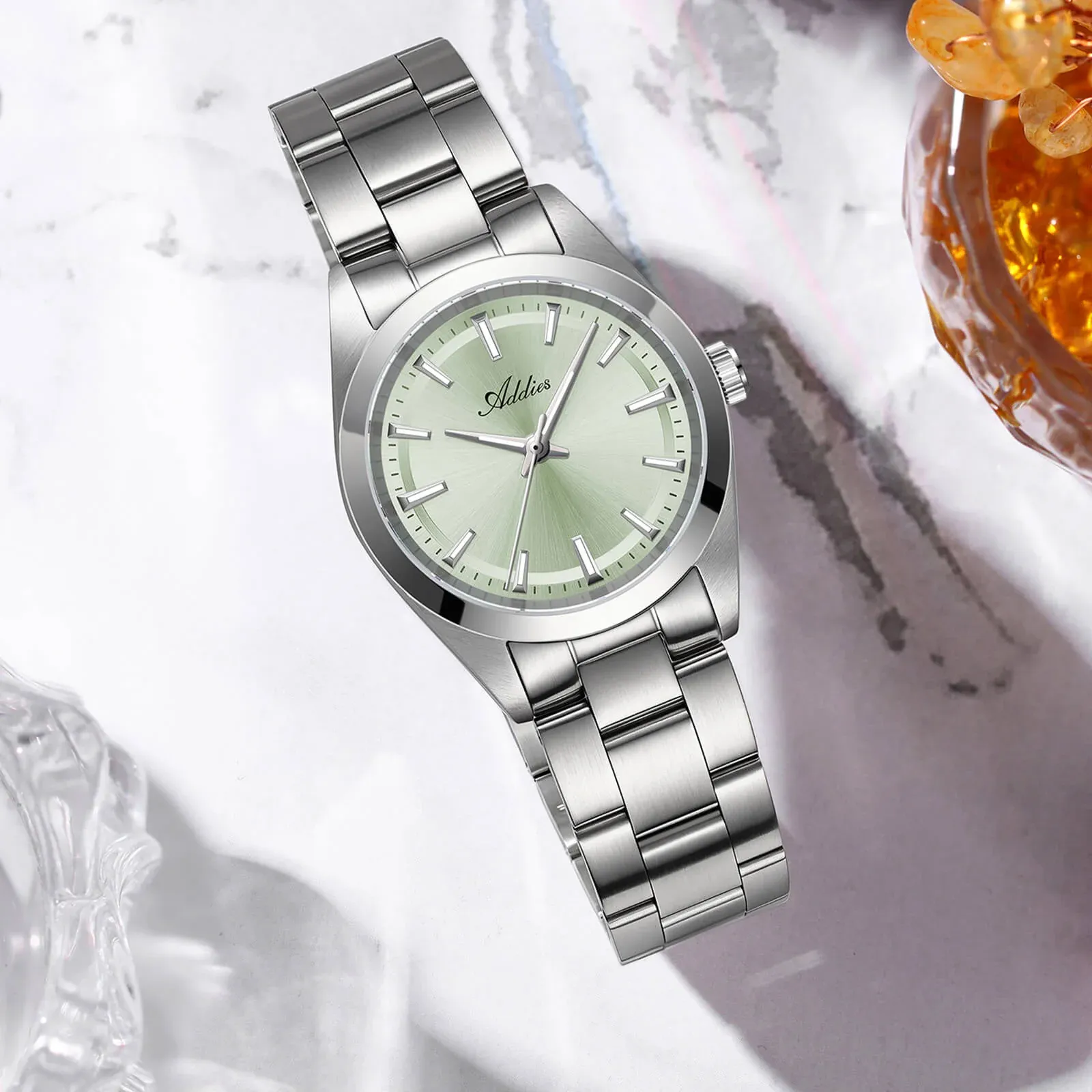 Addies AW25908 with green sunburst dial and steel bracelet