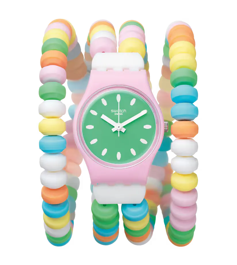 Swatch Caramellissima LP135A with green dial, pink case and double-wrap bracelet