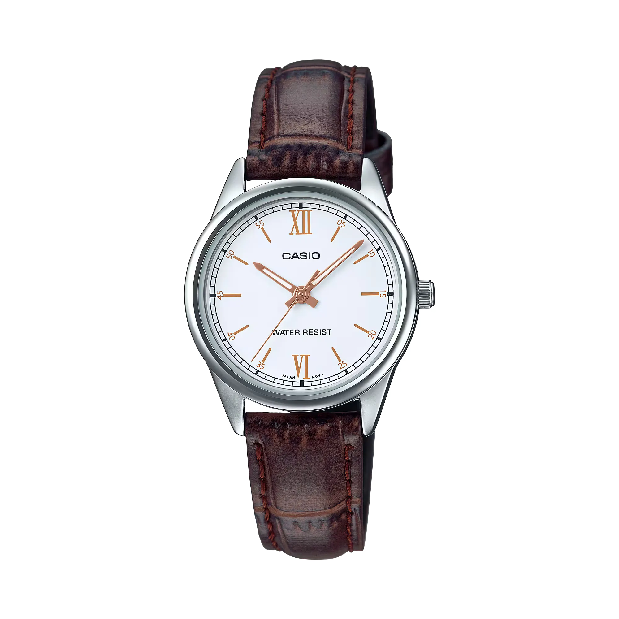 Casio LTP-V005L-7B3 with white dial and brown leather strap