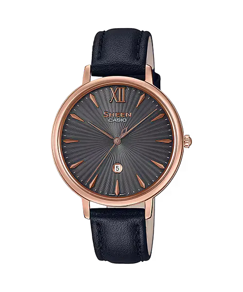 Casio Sheen SHE-4534PGL-1A with textured dark dial and leather strap