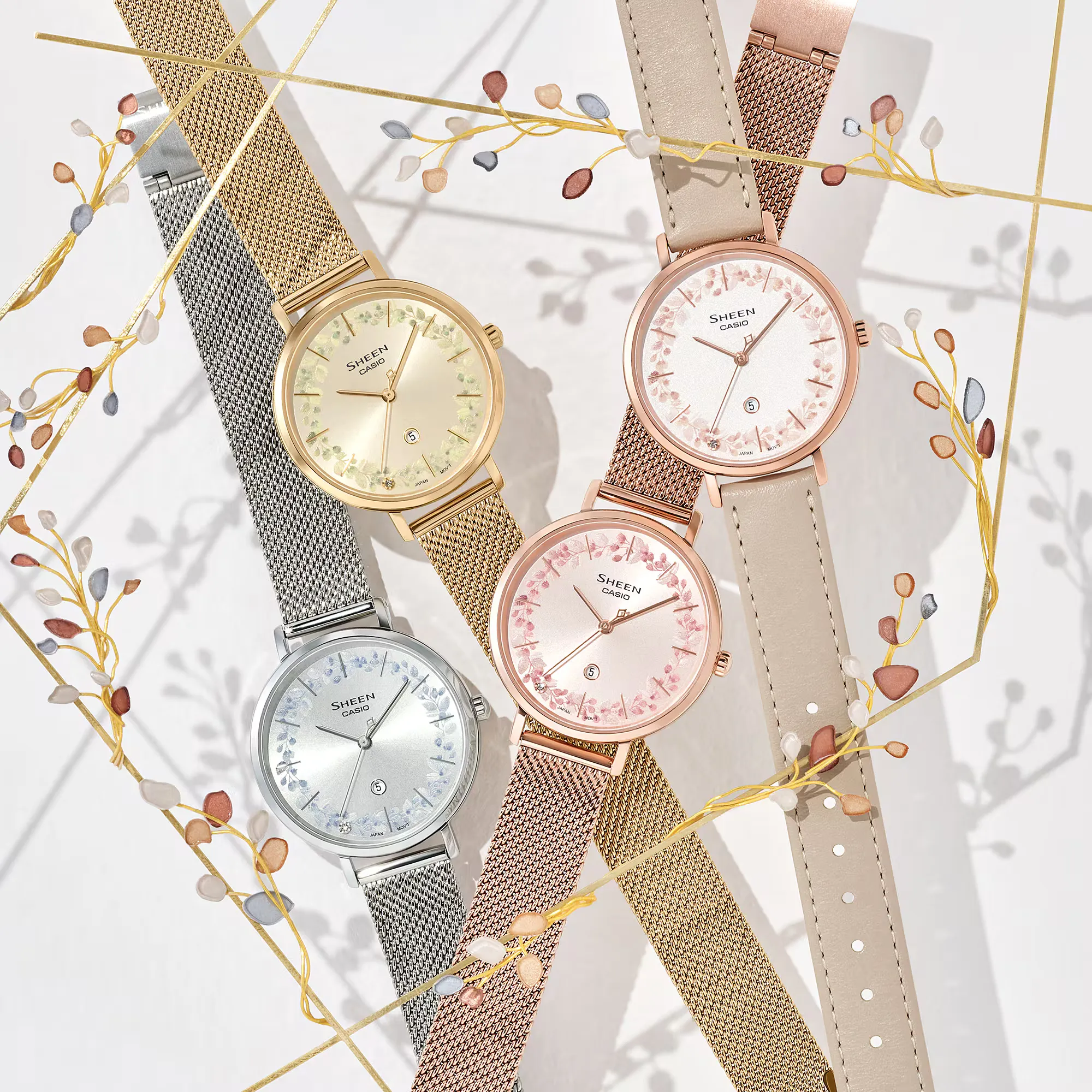 Casio Sheen SHE-4539FGM-9A with floral dial and light-gold mesh bracelet