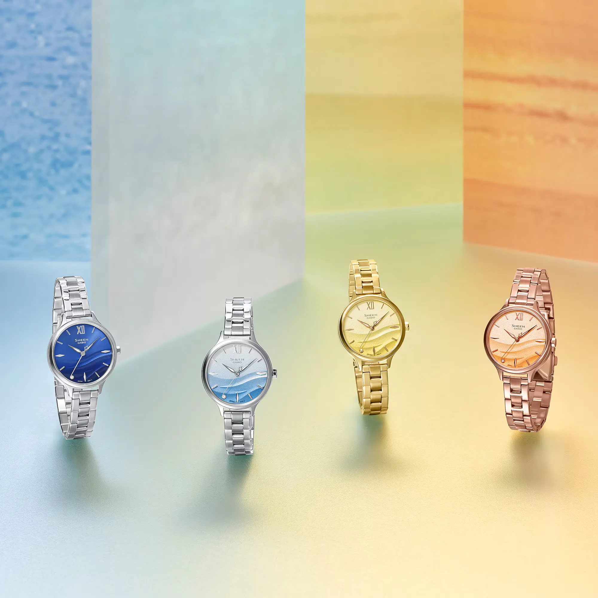 Casio Sheen SHE-4550D-2A with blue gradient wave dial and steel bracelet