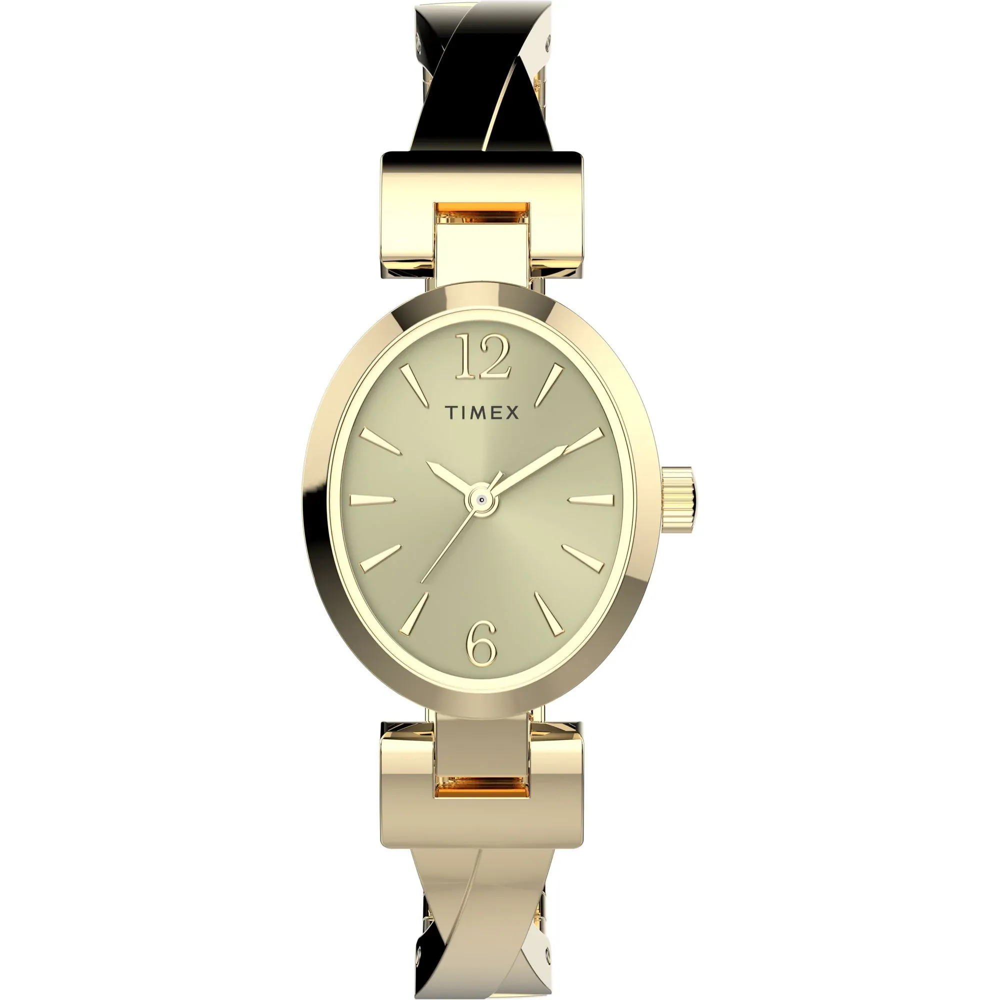 Timex TW2U12000UJ with oval silver-tone dial and gold-tone crisscross band
