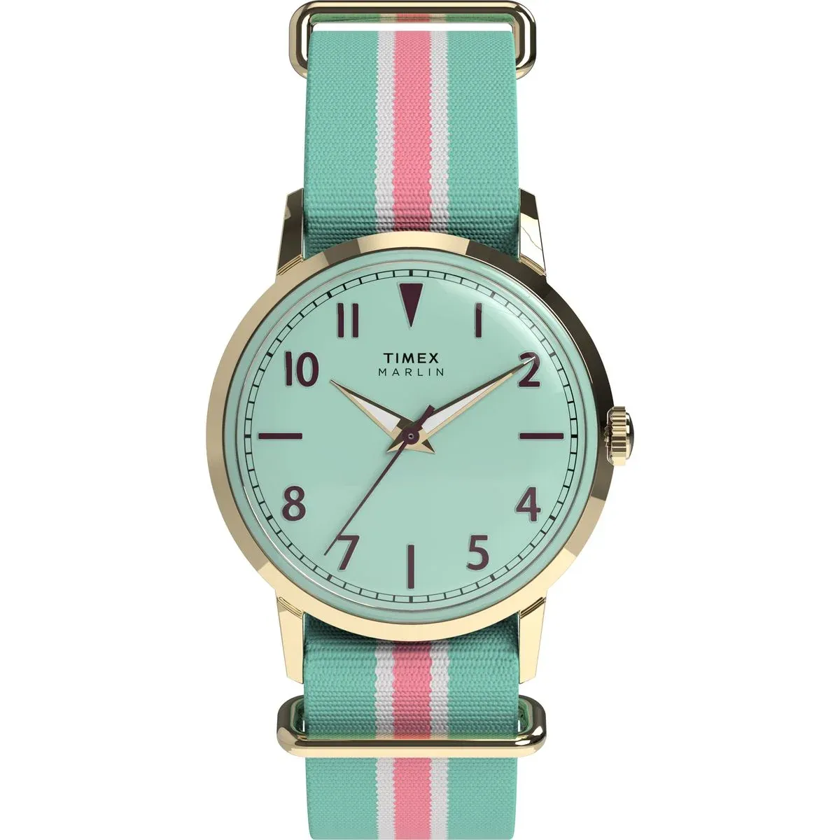 Timex Marlin TW2Y49700UJ with green dial, gold-tone case and striped fabric strap