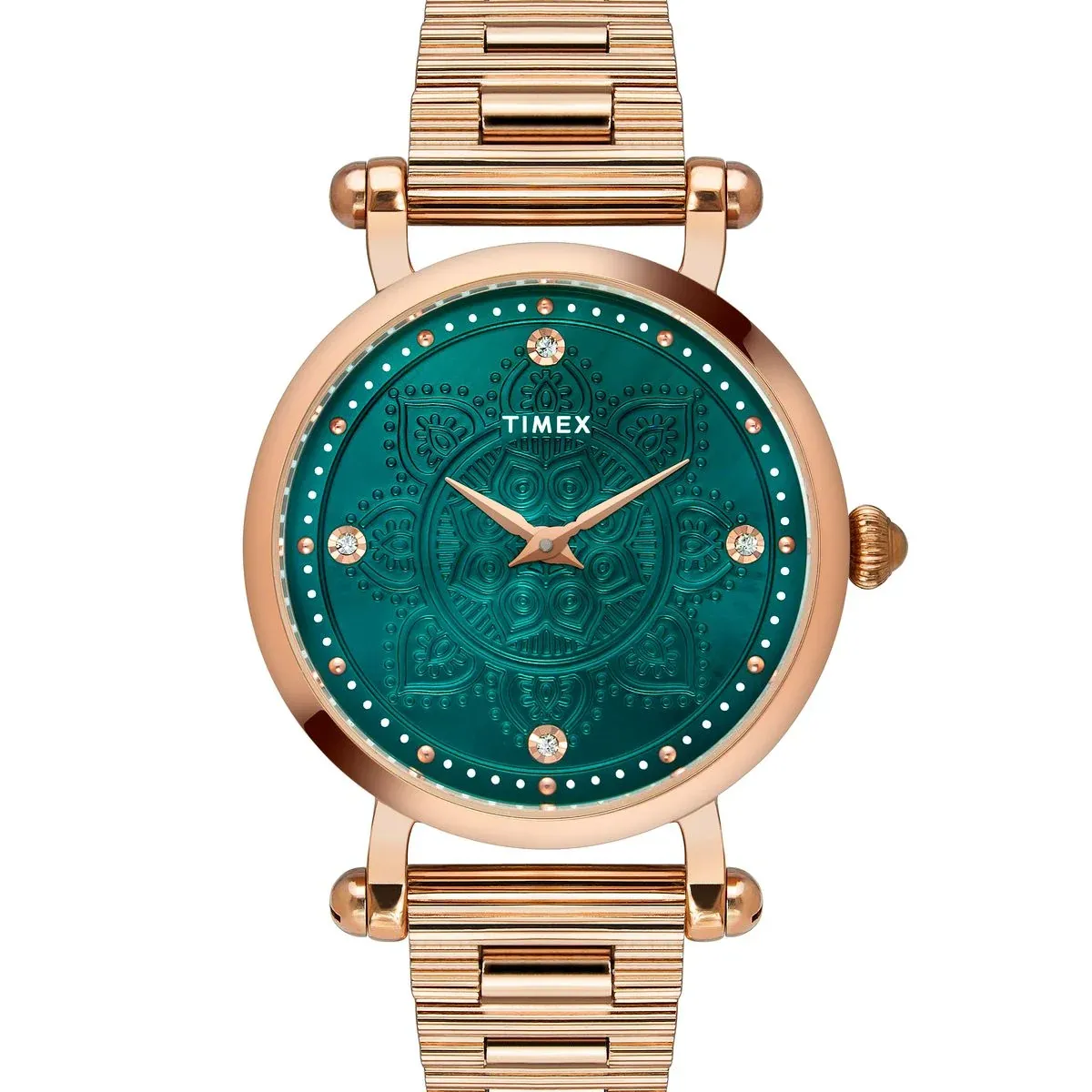 Timex Fria TWEL14303 with textured teal-green dial and rose-gold-tone bracelet