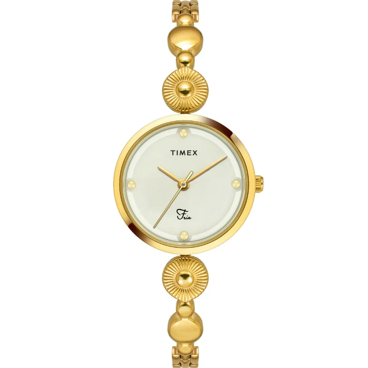 Timex Fria TWEL18200 with off-white dial and decorative gold-tone bracelet