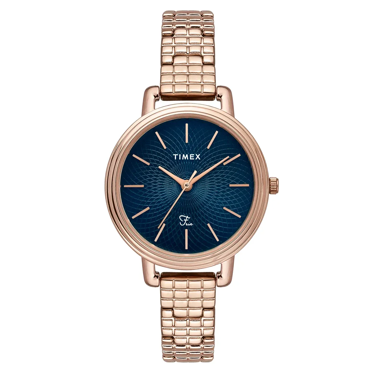 Timex Fria TWEL23901 with textured blue dial and rose-gold-tone bracelet