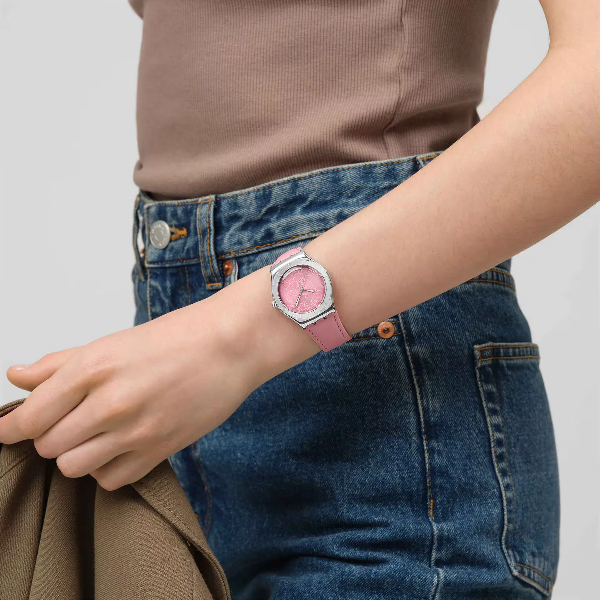 Swatch Pink Petal Promise YLS234 with pink floral dial and matching leather strap