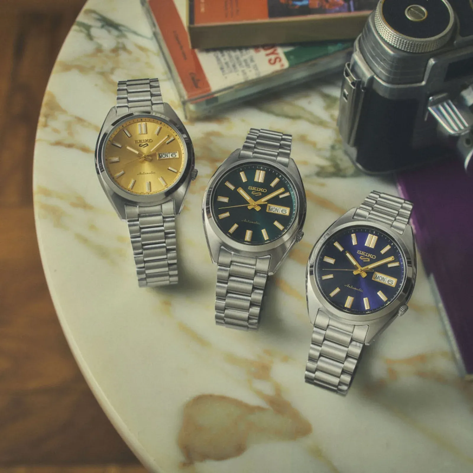 Seiko SNXS Vintage Gold collection in gold, green and blue