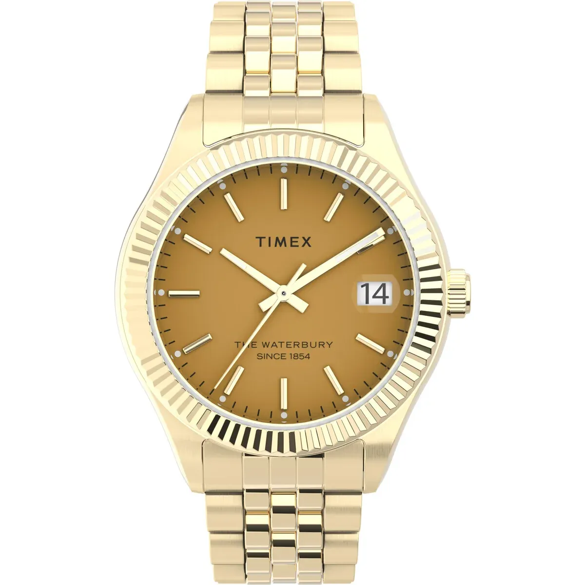 Timex Trend Legacy with warm orange dial, gold-tone fluted bezel and steel bracelet