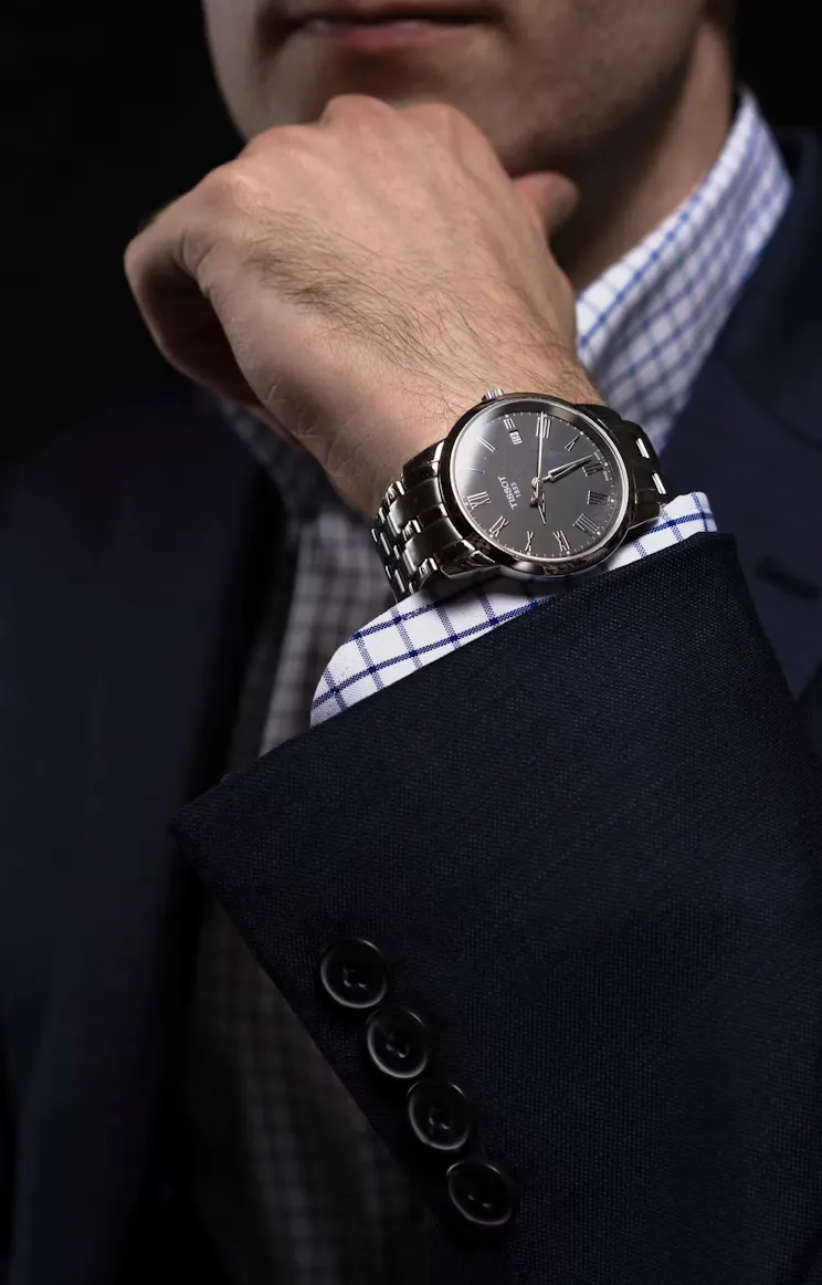 Watch worn on the wrist, illustrating fit and proportions